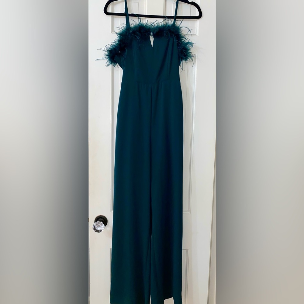 Entro Teal Feather Trim Jumpsuit
